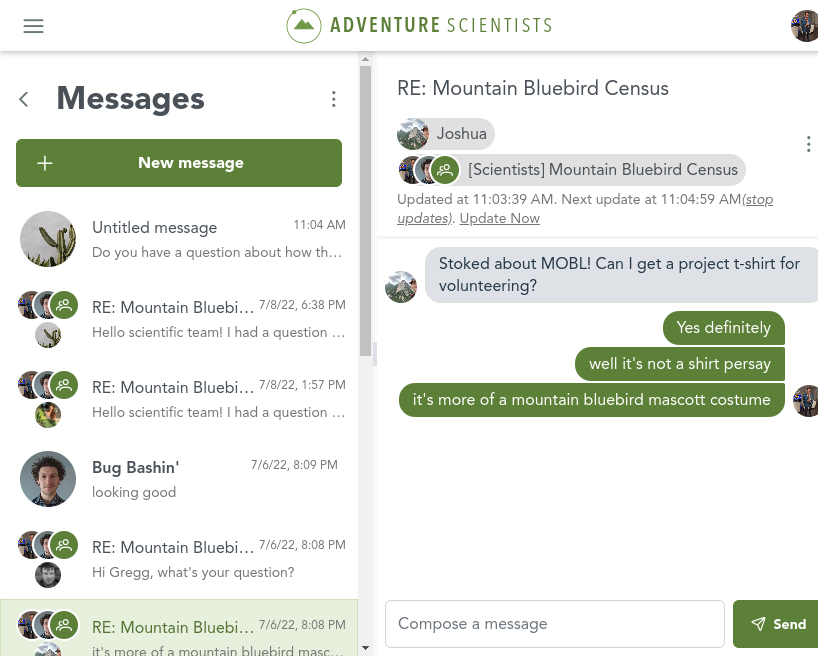 A screenshot from the MVP showing a user to user messaging feature.