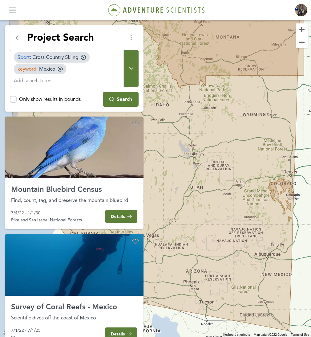 A screenshot from the MVP showing the project search functionality on a map.