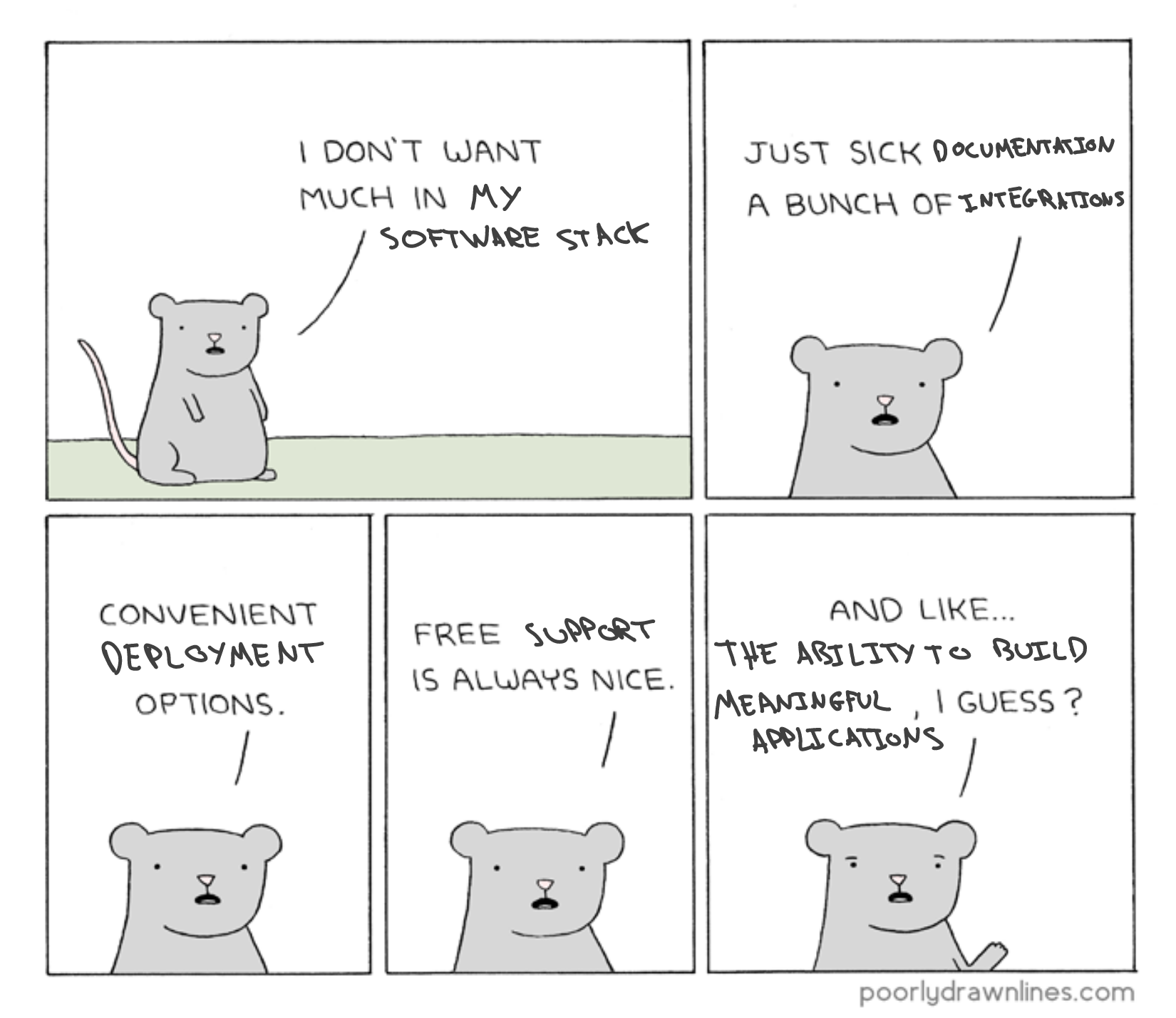A comic from Poorly Drawn Lines. First Panel: 'I don't want much in my software stack' Second Panel: 'Just sick documentation. A bunch of integrations' Third Panel: 'Convenient deployment options.' Fourth Panel: 'Free support is always nice.' Fifth Panel: 'And like... the ability to build meaningful applications, I guess?'